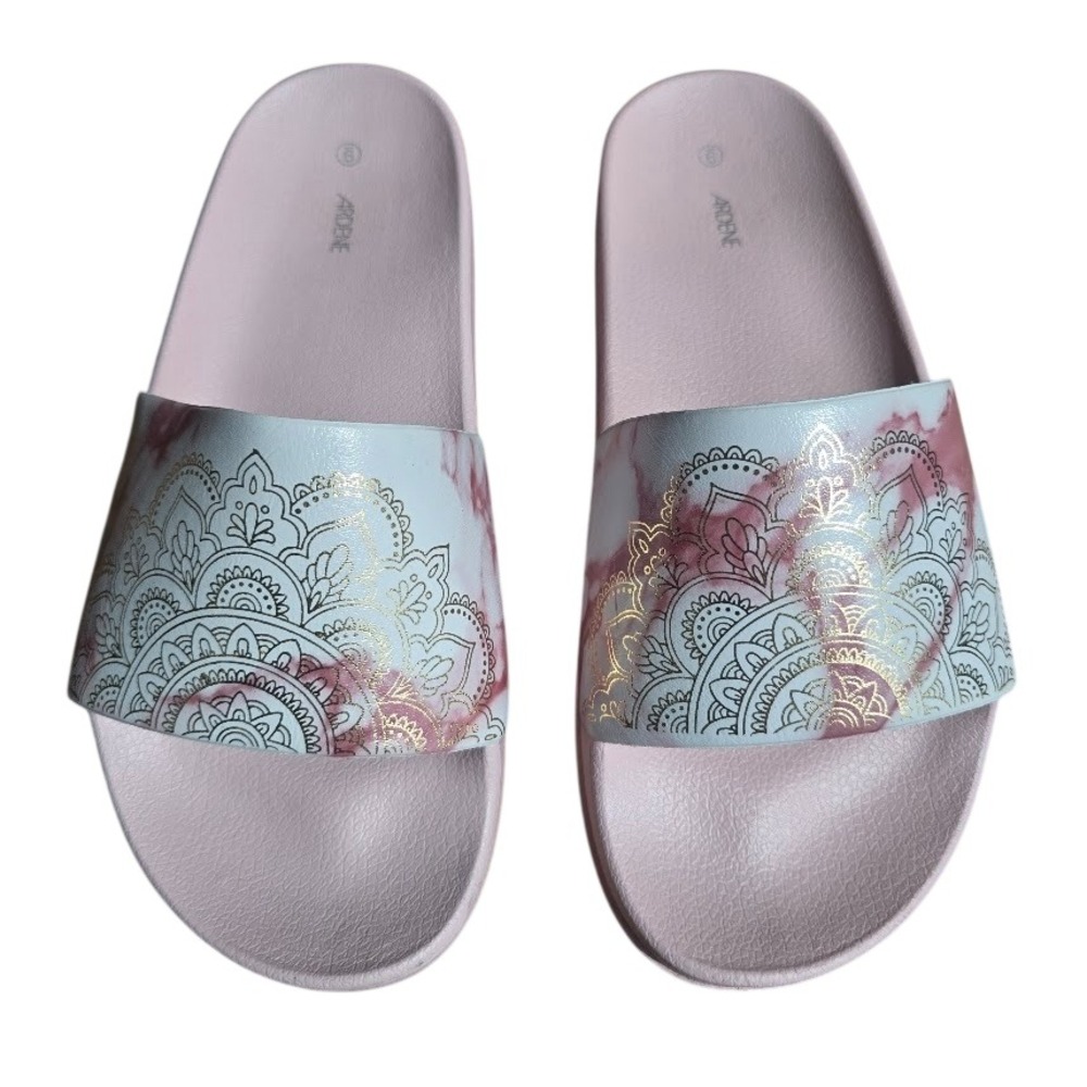 Ardene Slide Sandals‎ Womens 9 Pink Marble Gold Mandala Boho Festival Slides